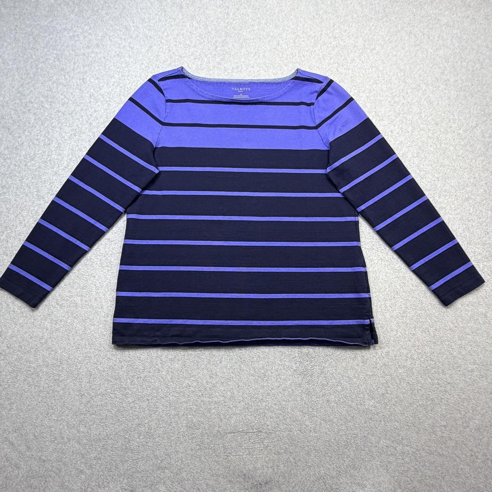 Talbots Tee Shirt Womens Petite Large Blue Stripe Long Sleeve Boat Neck Top